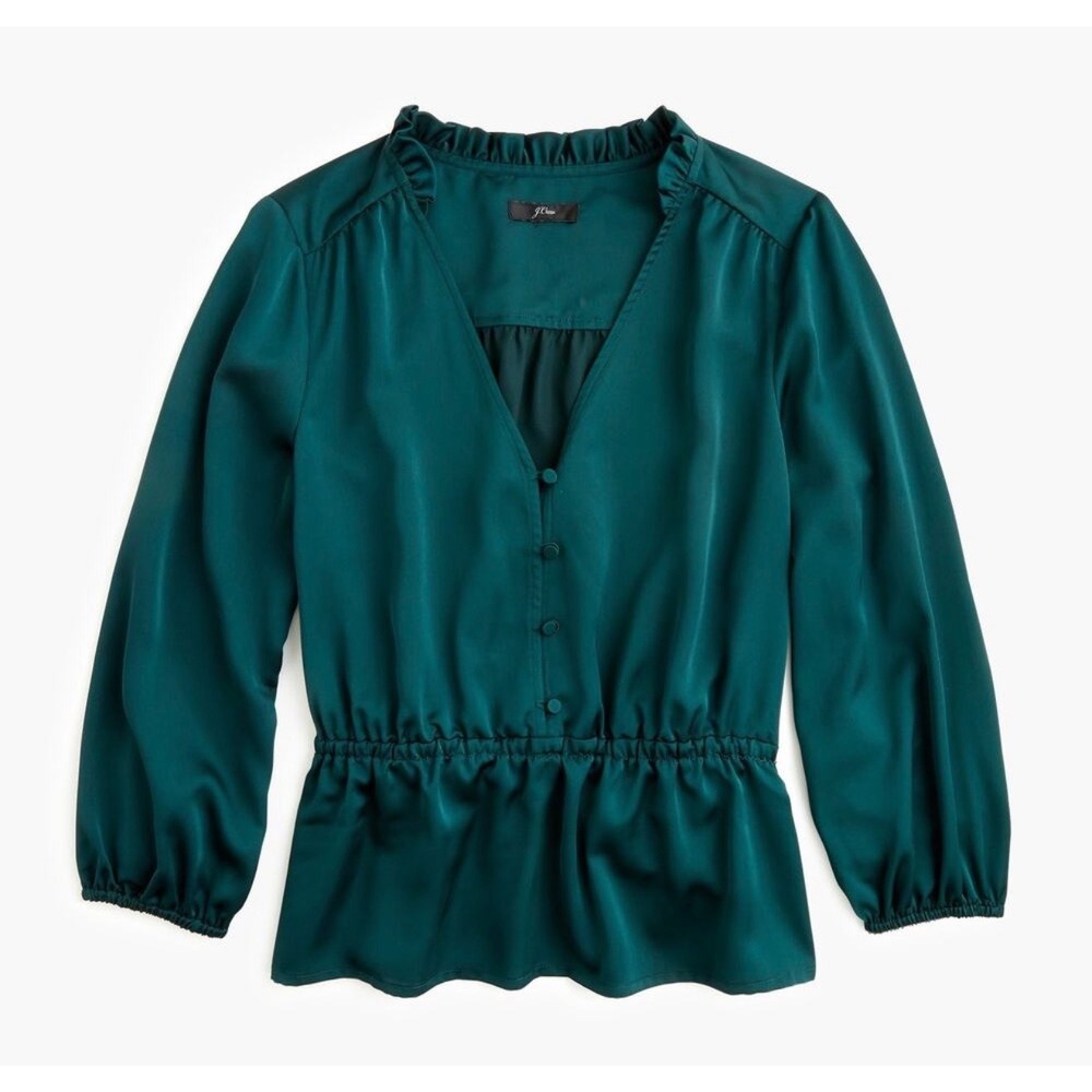 J.Crew Emerald Green Satin Ruffle V-Neck Peplum Blouse Top Size 18